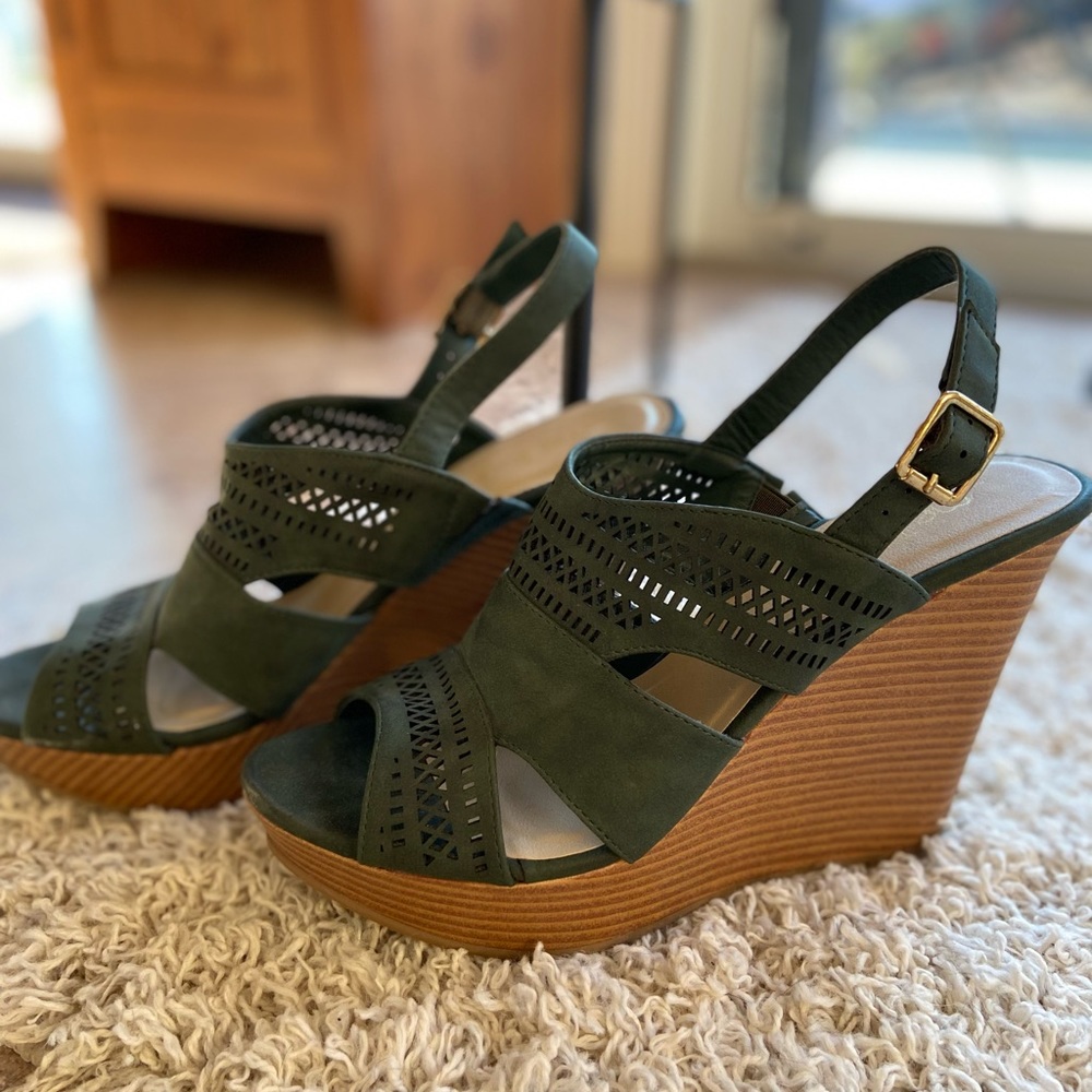 Faux Green Suede Wedges